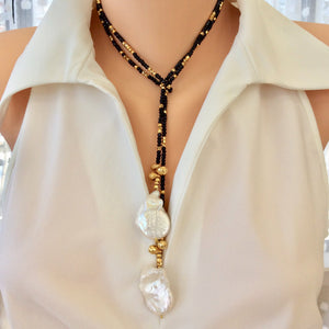 Black Spinel Long Lariat Necklace w Baroque Pearls at $345