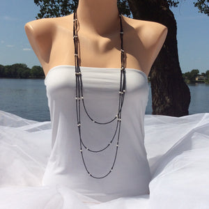 Black Spinel & White Pearls Multi Strand Matinee Necklace at $585