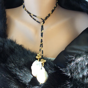 Black Spinel Long Lariat Necklace w Baroque Pearls at $345