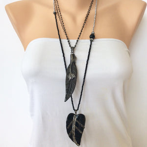 Diamonds Paved Wood Leaf Pendant Necklace