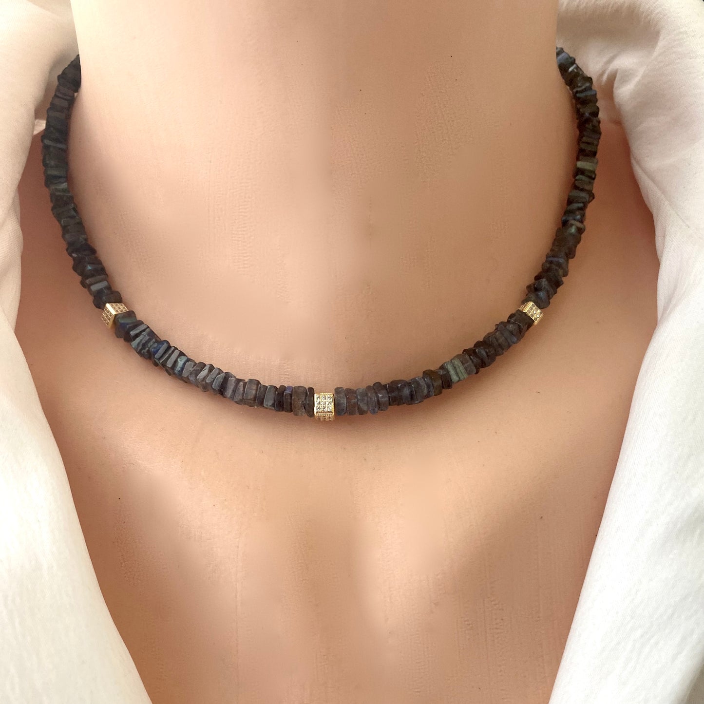 LABRADORITE CHOKER NECKLACE WITH GOLD VERMEIL CZ PAVE CUBE BEADS